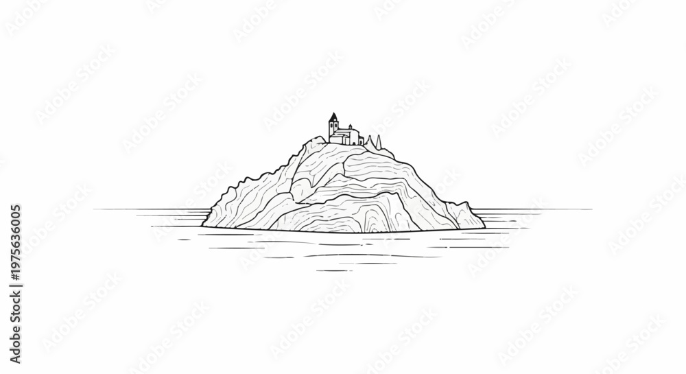 Naklejka premium Monastic structure atop a rugged island, depicted in a minimalist line drawing style