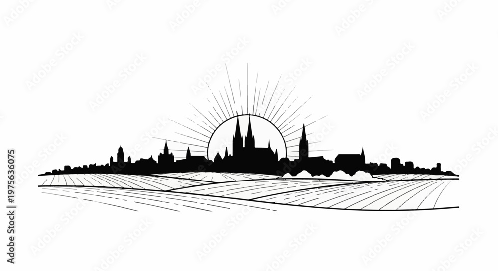 Obraz premium City skyline silhouette with sunburst over rolling fields