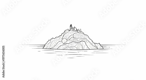 Monastic structure atop a rugged island, depicted in a minimalist line drawing style