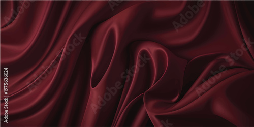 Luxurious red silk and satin fabric background featuring smooth flowing waves of soft textile material with an elegant curved texture design for a decorative backdrop