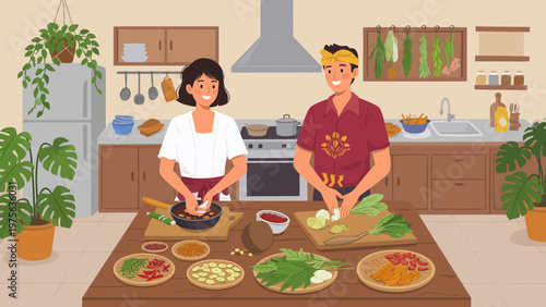 Happy Couple Cooking Fresh Indonesian Meal Together in Cozy Kitchen