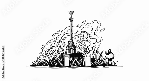 Monument engulfed in flames, surrounded by barricades and figures in protective gear