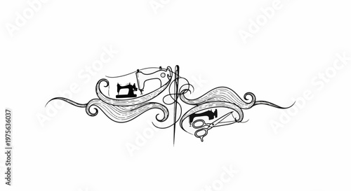 Ornate scrollwork with vintage sewing machines, needle, thread, and scissors