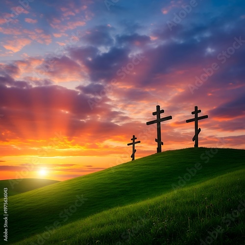 Sunset over Calvary Hill with three crosses, a symbol of faith.