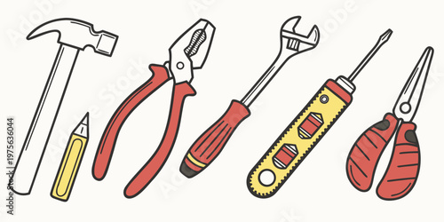 Line art illustration of various hairbrushes and combs in a row