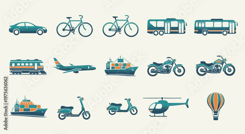 Pixelated icons depicting various modes of transportation on a light background