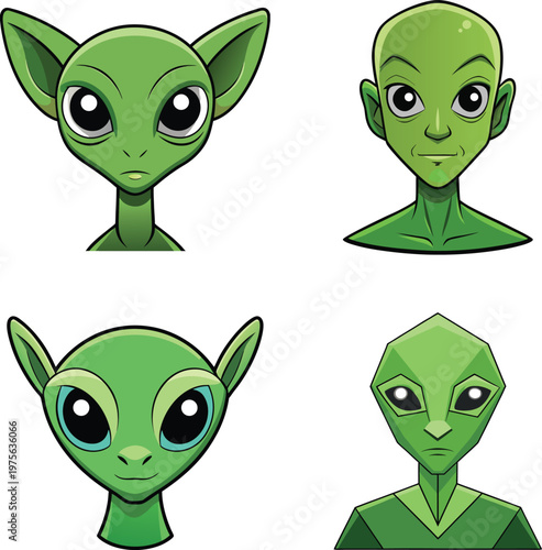 Set of Four Cartoon Alien Heads in Green Tones