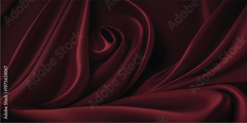 Luxurious red silk and satin fabric background featuring smooth flowing waves of soft textile material with an elegant curved texture design for a decorative backdrop