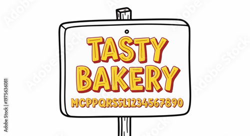 Cartoon style sign with bold yellow text for "TASTY BAKERY" on white