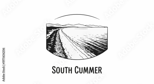 Stylized drawing of a coastal landscape with mountains in background and text below