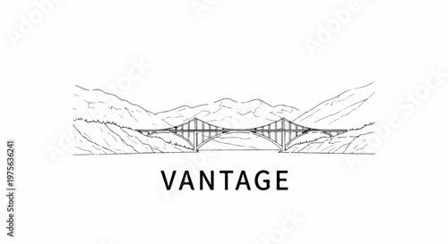 Stylized line drawing of a suspension bridge spanning a valley between mountains