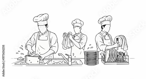 Three chefs wash, dry, and stack dishes in a kitchen sink