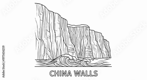 Tall cliffs meet crashing waves, a sailing ship docks nearby