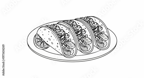 Three stuffed tacos with a lime wedge on a plate, black and white sketch