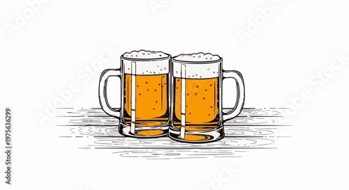 Two full beer mugs with foamy heads sit on a wooden surface