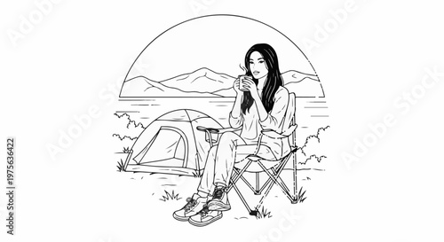 Woman enjoying a hot drink while camping by a lake with mountains in the background