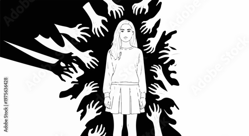 Young person surrounded by many reaching hands, abstract style