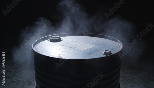 Sitting metal drum releasing vapor in warehouse lit by overhead light, showing bungs, faded label