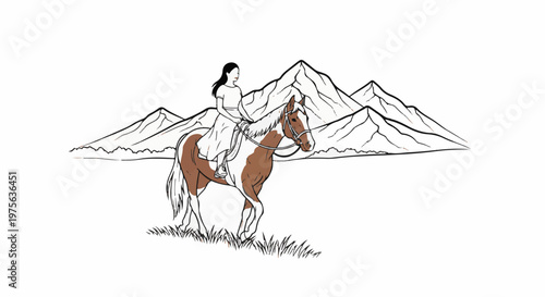 Woman rides horse in front of mountains