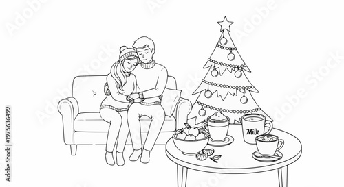 Couple cuddling on couch by Christmas tree with hot drinks and fruit