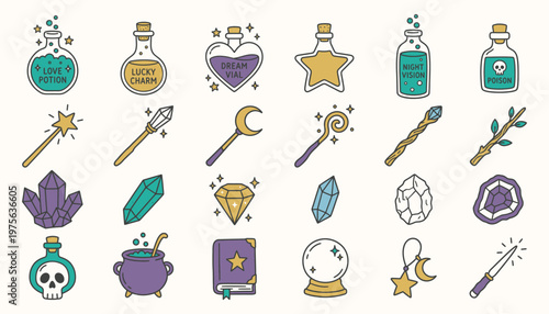 Magic and fantasy icons collection with potions and wands