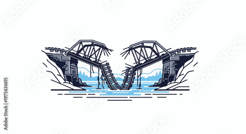 A damaged bridge structure with railway tracks drooping into water