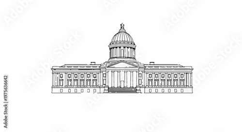 Detailed line drawing of a grand neoclassical building with a dome and columns