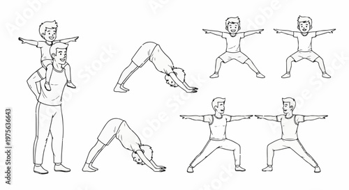 Father and son doing yoga, various poses, including downward dog