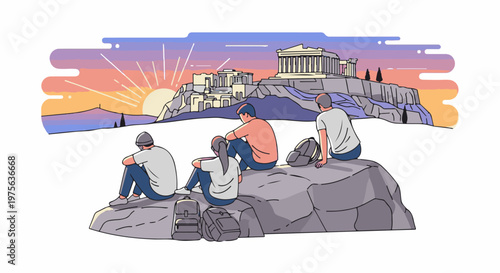 Four people watch a sunrise over ancient ruins on a cliff