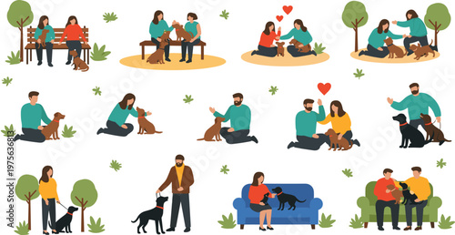 People with Dogs Illustration Set Featuring Pet Owners Walking Playing Training and Bonding with Dogs in Outdoor Park Lifestyle Scenes Collection