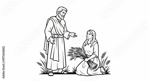 Man in robe speaks to woman kneeling with wheat in field