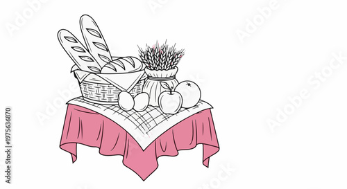 A still life drawing of bread, eggs, fruit, and wheat on a table