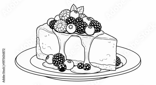 A slice of cheesecake topped with berries and drizzled with glaze