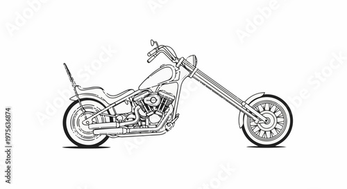 Detailed line art sketch of a classic custom chopper motorcycle