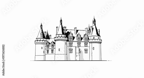 Ornate Gothic castle with multiple towers and steep roofs