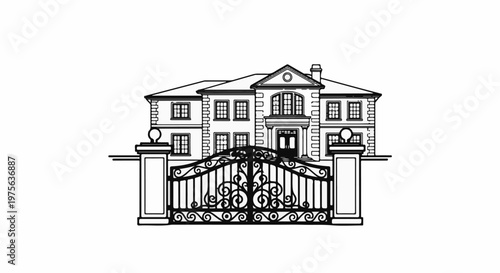 Ornate black and white drawing of a large, multi-story house with a grand gate