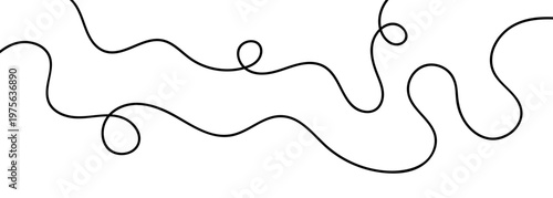 Continuous black squiggle line cable abstract wavy vector illustration pattern white background. Cable thread that is curved and flows horizontally with organic squiggle line loops tangled curve.