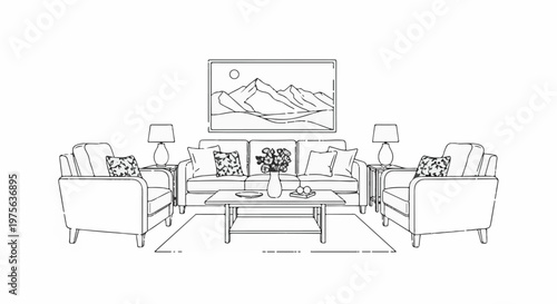 Minimalist sketch of a living room with furniture and decor
