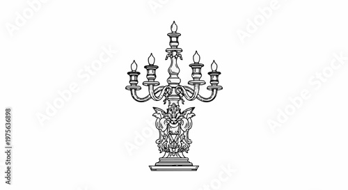 Ornate, multi-branched candelabra with decorative base and flame-shaped candle holders