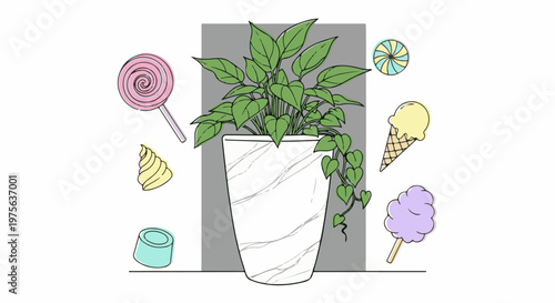 Potted plant surrounded by various sweet treats and candies