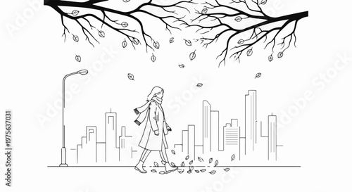 A woman walks through a city on a windy autumn day with falling leaves