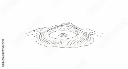 Sketch of a majestic volcano with a central crater and surrounding mountains