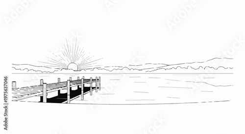 Pier extends into calm water under a bright sunrise over distant hills