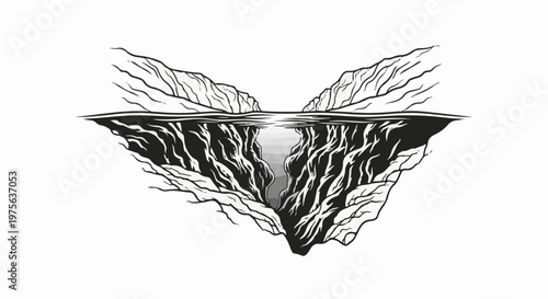 Abstract monochrome illustration of mountains, water, and a deep abyss