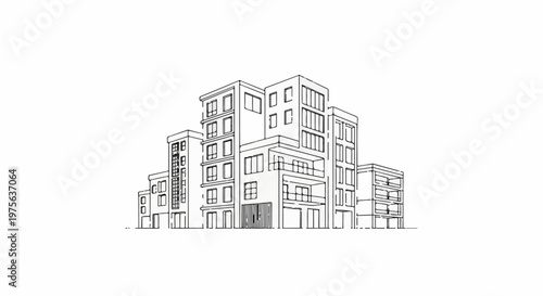 Sketch of modern multi-story apartment buildings with balconies