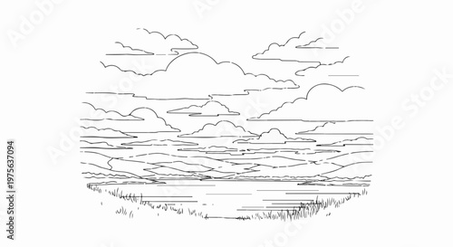 Sketch of a cloudy sky over rolling hills and a body of water