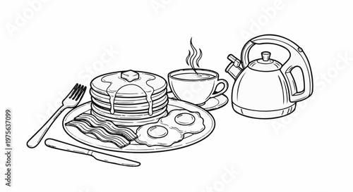 Stacked pancakes with butter, bacon, fried eggs, coffee, and a kettle