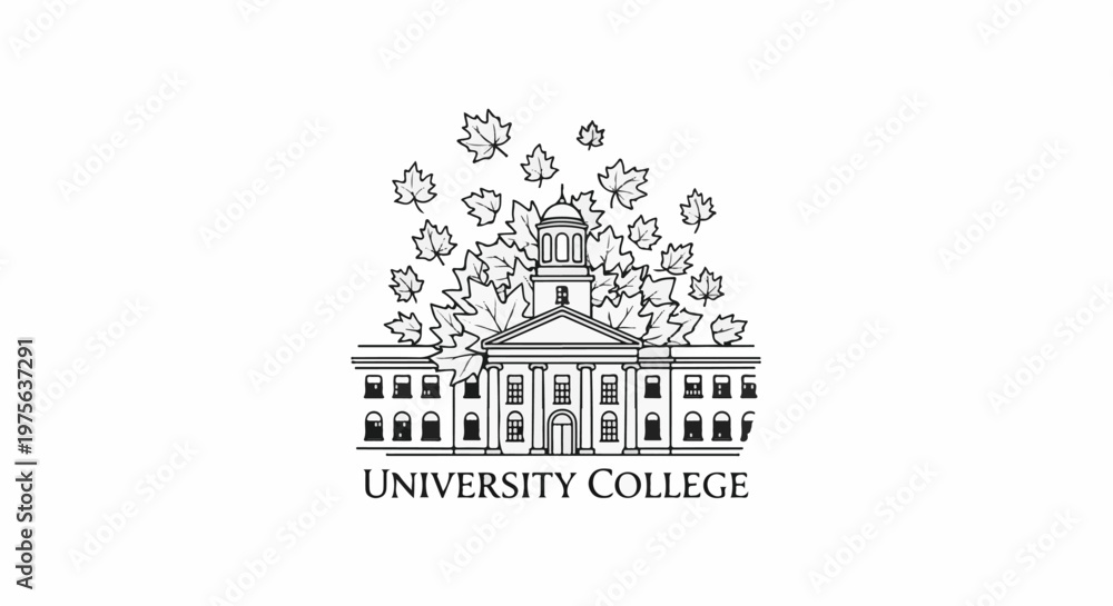 Fototapeta premium Stylized line art of a classical building with falling maple leaves