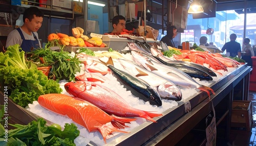 Fresh seafood on display at a bustling market