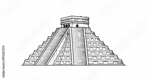 Stylized ink drawing of a stepped pyramid with a structure on top